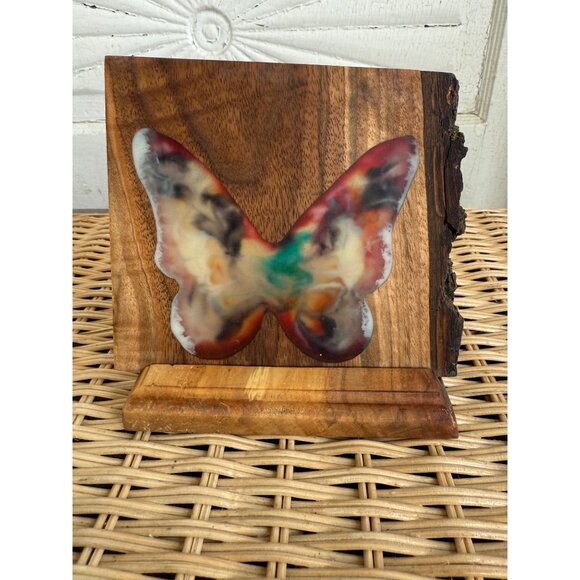 Vintage 70s Candle Votive Holder Live Edge Wood Resin Butterfly Boho - Picture 10 of 10